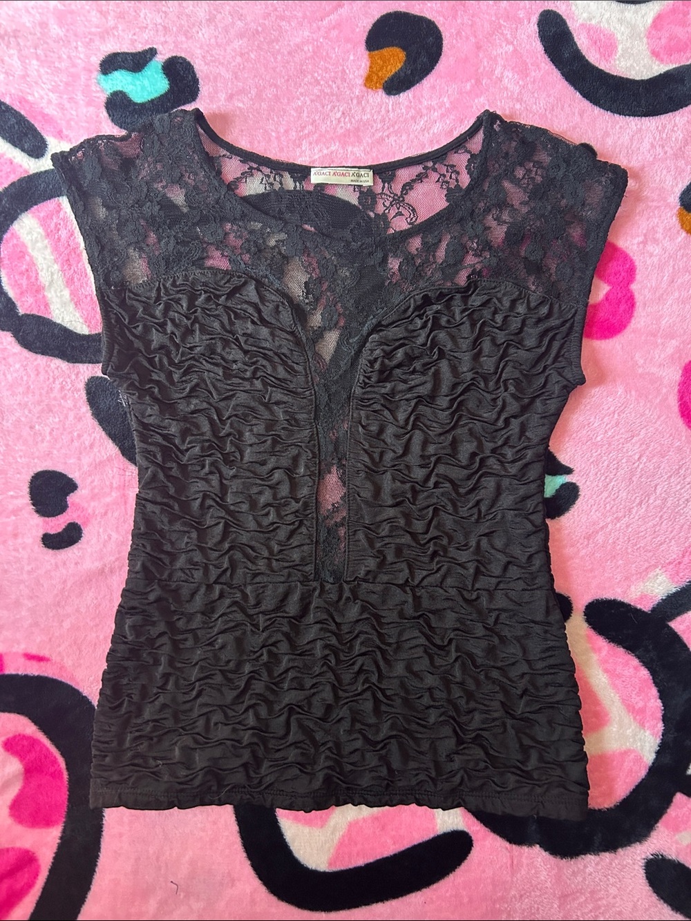 Black Lace-Ruched Top With Sheer Detailing